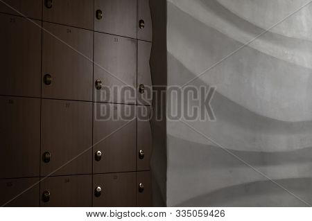 Fitness Gym Room Locker With Shift Electronic Lock On Wooden Wall Background For High Security, Chan