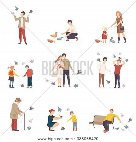 People Characters Walking And Feeding Pigeons On Town Squares Vector Illustrations Set