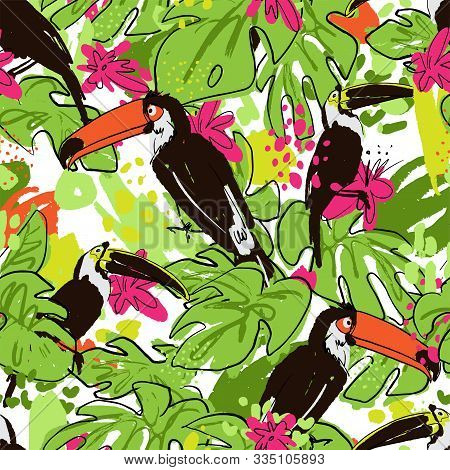 Tropical Hand Draw Seamless Pattern With Monstera Leaves, Parrots - Toucans, Pink Tropic Flowers, Mi
