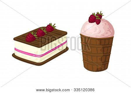 Vector Vanilla And Raspberry Ice Cream In Waffle Glass. Delicious Cold Dessert With Chocolate Waffle