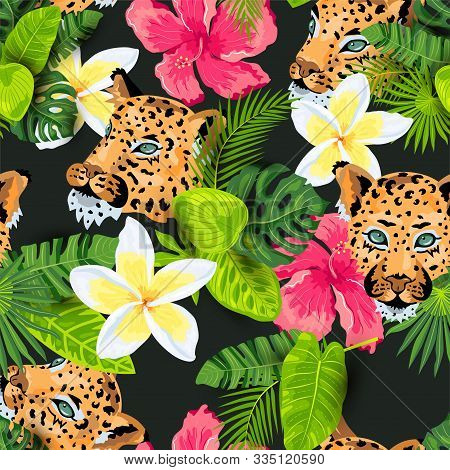 Leopard Faces With Jungle Leaves, Tropical Flowers Seamless Pattern. Vector Illustration.
