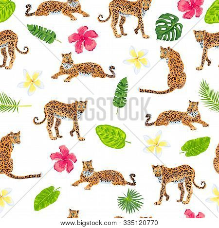 Leopards With Jungle Leaves, Tropical Flowers Seamless Pattern. Vector Illustration.