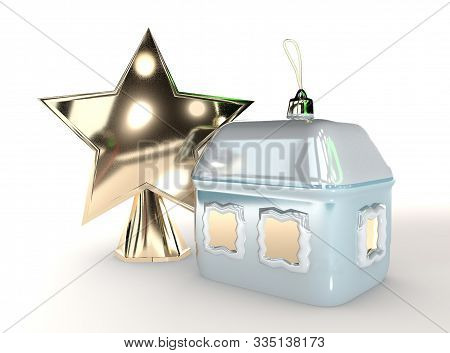 3D Illustration Of Merry Christmas Tree Toy House And Star Isolated On White