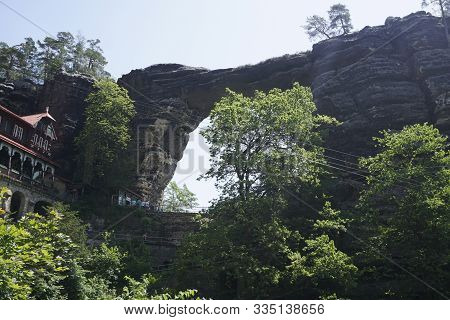 View From Below The Prebsichtor Gate In Bohemian Switzerland, Czech Republic