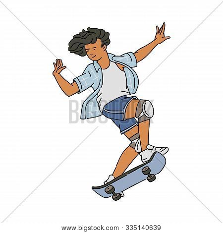 Cartoon Skateboarder Teenager Smiling And Waving While Jumping With A Skateboard