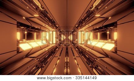 Futuristic Si-fi Space Hangar Tunnel Corridor With Hot Glowing Lights 3d Illustration Wallpaper Back