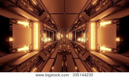 Futuristic Si-fi Space Hangar Tunnel Corridor With Hot Glowing Lights 3d Illustration Wallpaper Back