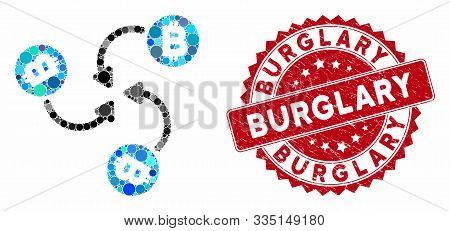 Mosaic Bitcoin Mixer Swirl And Distressed Stamp Seal With Burglary Phrase. Mosaic Vector Is Designed