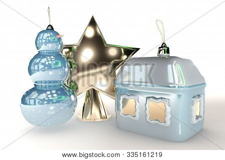 3D Illustration Of Merry Christmas Tree Toy House Snowman And Star Isolated On White