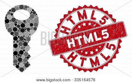 Mosaic Key And Distressed Stamp Watermark With Html5 Caption. Mosaic Vector Is Formed With Key Icon 