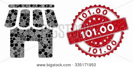 Mosaic Shop Building And Distressed Stamp Seal With 101.00 Text. Mosaic Vector Is Created With Shop 