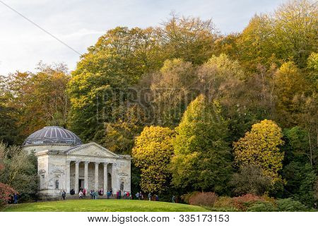 View Of The Pantheon Building At Stourhead Gardens In Wiltshire In Autumn.