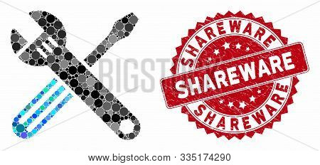 Mosaic Tools And Grunge Stamp Seal With Shareware Phrase. Mosaic Vector Is Designed With Tools Icon 