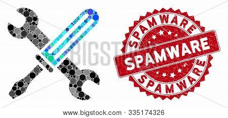 Mosaic Tools And Grunge Stamp Seal With Spamware Phrase. Mosaic Vector Is Composed With Tools Icon A