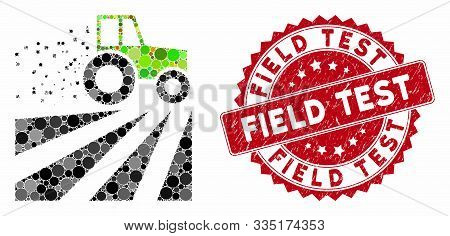 Mosaic Tractor Dust Field And Corroded Stamp Seal With Field Test Phrase. Mosaic Vector Is Created F