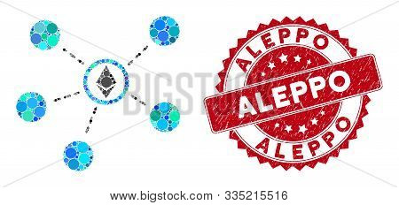 Mosaic Ethereum Network Links And Corroded Stamp Seal With Aleppo Caption. Mosaic Vector Is Designed