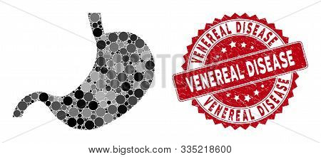 Collage Stomach And Rubber Stamp Seal With Venereal Disease Text. Mosaic Vector Is Created With Stom