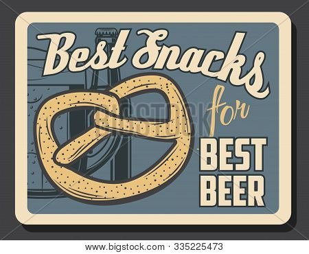 Beer And Pretzel Snack, Oktoberfest Beer Festival And Brewery Pub And Bar Vintage Retro Poster. Vect