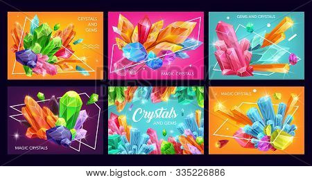 Crystals And Gem Stones With Abstract Geometric Shapes. Vector Gemstones, Mineral Rocks And Jewels, 