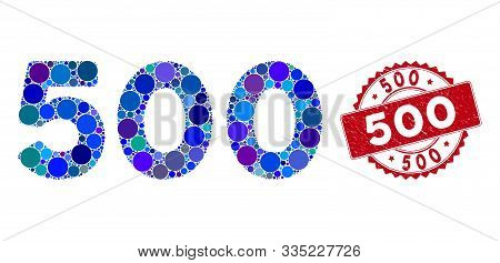 Mosaic 500 Digits Text And Grunge Stamp Seal With 500 Text. Mosaic Vector Is Created With 500 Digits