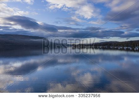 Stunning Aerial Drone Landscape Images Over Coniston Water At Sunrise On Beautiful Autumn Fall Morni