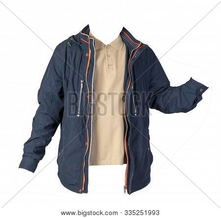 Mens Hakki T-shirt And Blue Jacket Isolated On White Background.casual Clothing