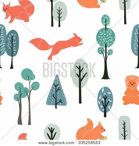 Seamless Pattern. Squirrels On The Background Of Trees, Plants. Vector Illustrations In A Scandinavi