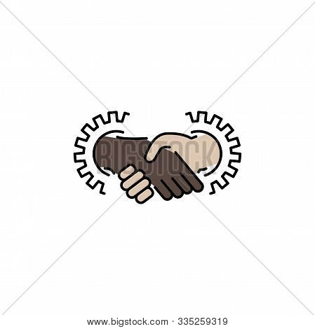 Handshake And Gears Vector Color Icon, Sign, Symbol. Task Relation