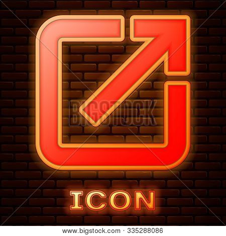 Glowing Neon Open In New Window Icon Isolated On Brick Wall Background. Open Another Tab Button Sign