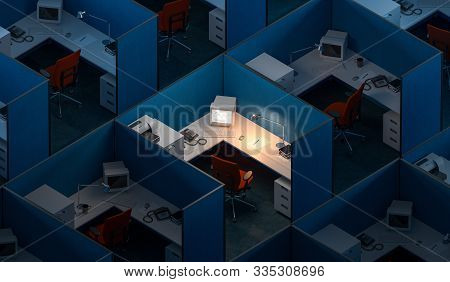 Modern Office Design Interior Room With Furniture In Cutaway. Office Cutaway. 3d Rendering. Night Ti
