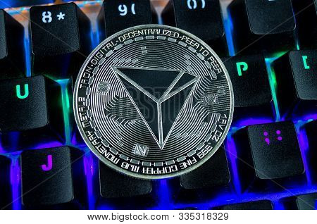 Coin Cryptocurrency Tron Close-up Of The Colour-coded Keyboard Background