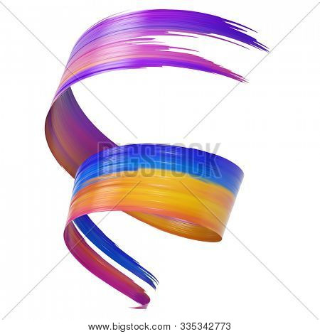 Colorful 3D brush paint stroke swirl isolated on white background. 3D rendering. Colorful joyful design. Color oil paint curved smear.
