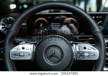 Novosibirsk, Russia - October 10, 2019:  Mercedes-benz Cla-class,  Car Vehicle Interior With Steerin