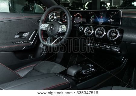 Novosibirsk, Russia - October 10, 2019:  Mercedes-benz Cla-class,  Luxury Car Interior - Steering Wh