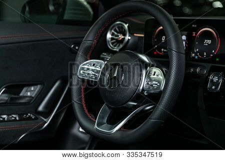 Novosibirsk, Russia - October 10, 2019:  Mercedes-benz Cla-class,  Car Vehicle Interior With Steerin