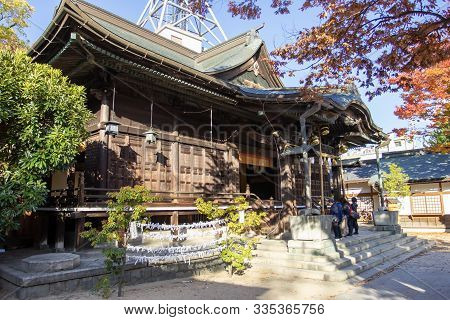Nagano Japan - 16 Nov 2019; Many People Walking Around Yohashira Shrine Japanese Shinto Courtyard Wi