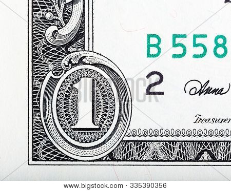 One U.s. Dollar Bill, Detail In Macro. Deatail Photo Of Us Money.