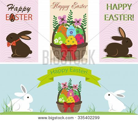 Set Of Easter Cards. Vector For Cards, Tags, Invitations, Background. Easter Text. Easter Bunny. Eas