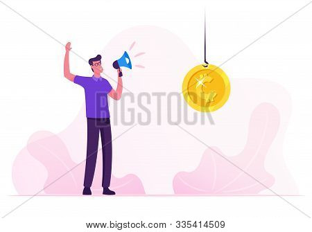 Race For Leadership. Businessman Leader Yelling To Megaphone Controlling Process Standing Near Golde