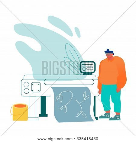 Designer Work With Plotter Or Widescreen Laser Printer Producing Banner Or Polygraphic Production In