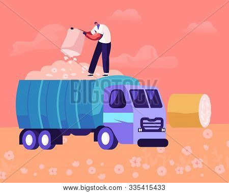 Man Pouring Ripe Cotton Flowers To Harvesting Industrial Machine On Field. Laborer Collecting Plants