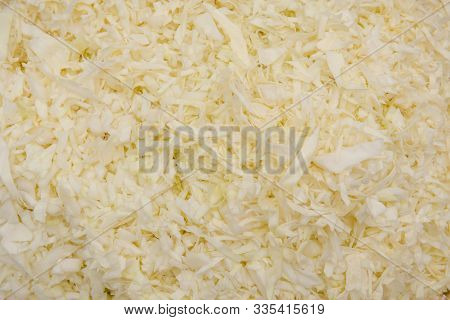 Sliced Cabbage Background. Cabbage Salad. Cut Cabbage Into Small Pieces. Seasoning On A Salad. Pickl