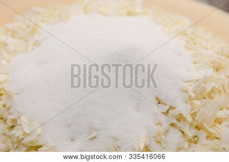 Sliced Cabbage Background. Cabbage Salad. Cut Cabbage Into Small Pieces. Seasoning On A Salad. Pickl