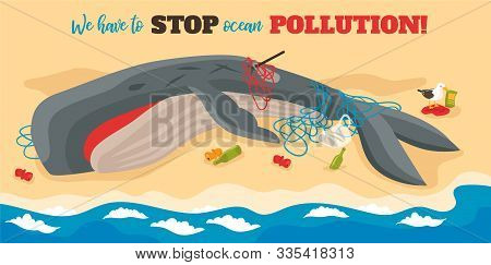 Ocean Pollution Isometric Poster With Big Dying Whale Entangled In Ropes Lying On Sea Beach Vector I