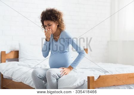 Morning Sickness. African-american Expectant Woman Feeling Nauseous, Covering Mouth
