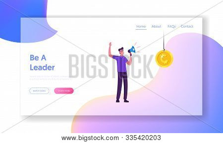 Race For Leadership Website Landing Page. Businessman Leader Yelling To Megaphone Standing Near Gold