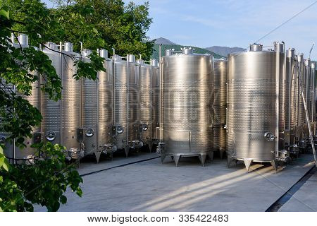 Kvareli, Georgia-may,05 2019:: Big Cisterns With Wine On Kinzmarauli Corporation In Kvareli. Georgia
