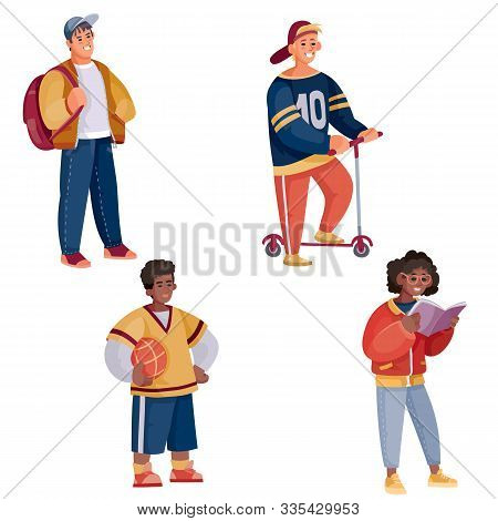 Teenagers Stand On A White Background Isolated Object With A Backpack, Scooter, Book, Ball. Athlete,