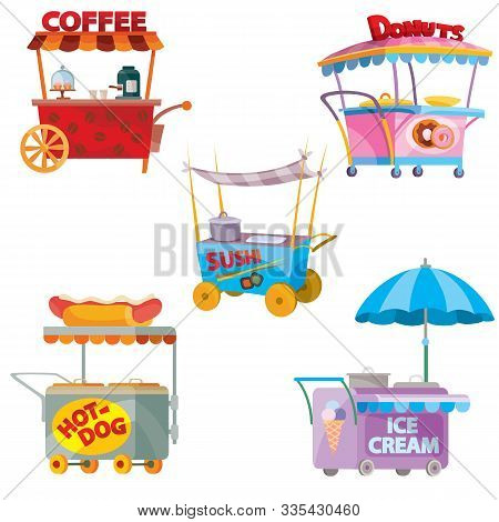 Fast Food Street Carts Sell, Hot Dog, Sushi, Coffee, Ice Cream, Tacos, Donut And Stand Isolated Obje