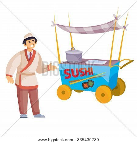 Set Of Sushi Seller And Street Cart On A White Background Isolated Object,